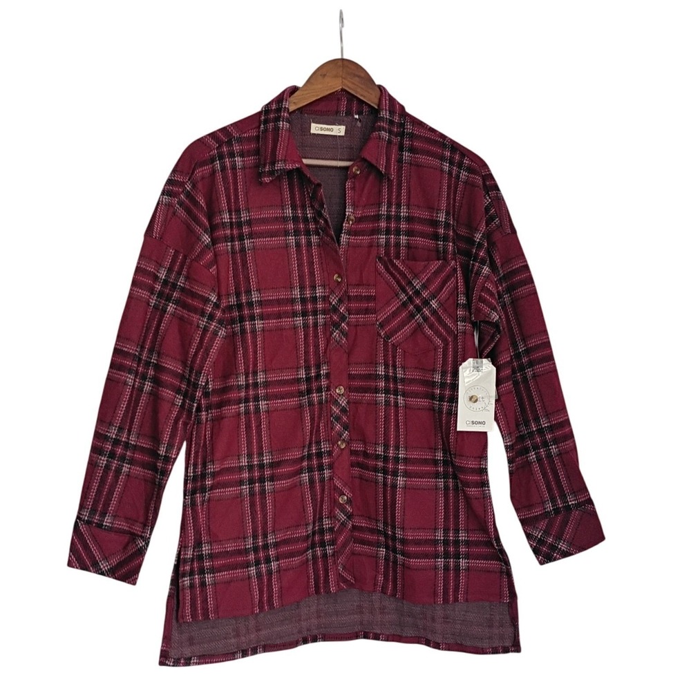 Ci Sono NWT Plaid Button Up Casual Shirt Brushed Knit Long Sleeve Mens‎ S